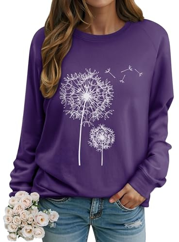 Dresswel Damen Löwenzahn Sweatshirt Langarmshirt Pusteblume Drucken Pullover Herbst Winter Bluse Tops Oberteile(Lila, XL)