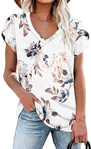 PLOKNRD Women's Casual V-Neck T-Shirt, Long Length, Petal Short Sleeve, Summer Classic Loose Tee, Pink, UK Size | Casual Ladies Beach Loose Tee Solid Color Boho Flower Leopard Print for Daily Outdoor Sports