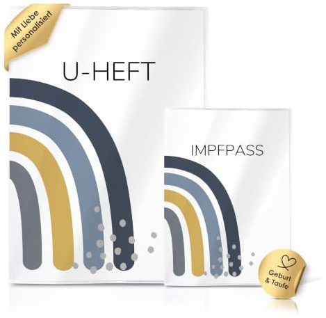 Cozy Racoon U-Heft- und Impfpasshülle ohne Personalisierung | 3- teiliges Set | Hochwertige Hülle für Untersuchungsheft und Impfpass Deines Kindes | Regenbogen Blau