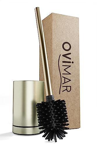 Ovimar Brosse de toilette ROMO Or | Brosse de toilette en silicone | Fonction de ventilation | Autoportante | Tête de brosse WC en acier inoxydable interchangeable | Plateau de goutte amovible |