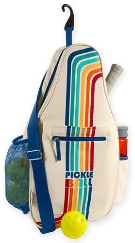 STEEL MILL AND CO. Unisex Pickleball-Tasche, verstellbare Schultertasche für Pickleball-Paddel mit Zaunhaken und Wasserflaschenhalter, Pickleball-Taschen für Damen und Herren, Retro-Streifen,