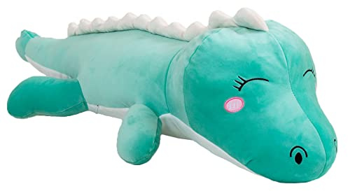 Aiuidun Oreiller de corps en peluche dinosaure en peluche douce, coussin lombaire long et mignon en forme de dinosaure - Cadeau pour enfants (Vert - Heureux, 120 cm)