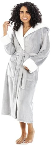 Camille Damen-Bademantel aus superweichem Fleece, hochflorig, mit Sherpa-Futter, langärmelig, Gürtelverschluss und Vordertaschen, hellgrau, 18-20