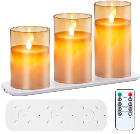 EXTSUD LED Flammenlose Kerzen Flackern mit Ladestation und Fernbedienung,3er Set Led Kerzen aus Glas Wiederaufladbare Flamme Kerzenlicht mit timerfunktion Romantische Valentinstag Deko Wohnzimmer Gelb