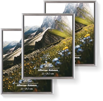 KHG Premium-Bilderrahmen 3er-Set 21x30 cm silber, vielseitig einsetzbar | stabile Glasfront & Kunststoff-Rahmen für Fotos, Poster, Zertifikate & Collagen, praktisch im Alltag, für Zuhause