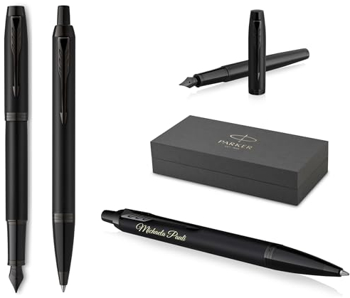 PARKER Schreibset IM Professionals Achromatic Kugelschreiber und Füllfederhalter mit Gravur | Premium Stift | Geschenkbox | blaue Pantrone | personalisiert | Geburtstag (Matt-Schwarz)