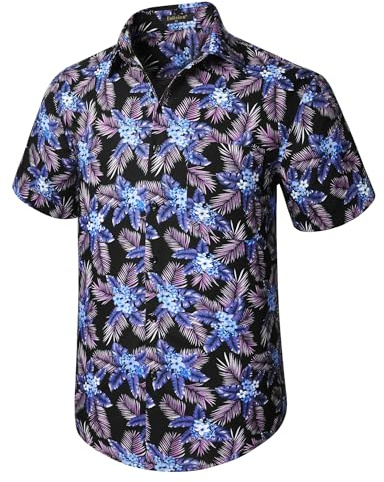 Enlision Hawaii-skjorta, kortärmad, herr, funky Hawaii-skjorta, ledig, strand, palmer, surftryck, button-down-skjorta för semester, sommar, Aloha, D24 svart/lila-01, XXL