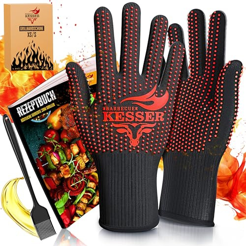KESSER® Grillhandschuhe XXL, auch für Topf und Kamin, hitzebeständig bis 500°, atmungsaktiv, Rutschfester Griff, Aramid-Gewebe, maschinenwaschbar, inkl. Rezeptbuch & Kochpinsel, Größe XS-S, Rot