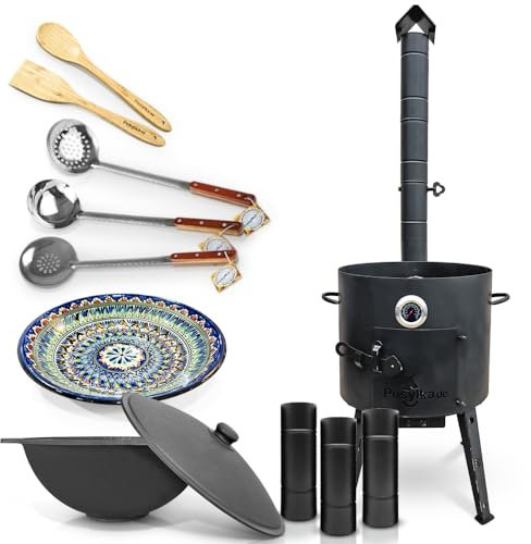 Feuerofen Ø 40 cm 2 mm mit Thermometer und Lagan Usbekische Kazan 12 L Schöpfkelle für Plov Holzlöffel Spachtel aus Holz Schaumlöffe Utschak Uchag Казан Lagan 34 cm Учаг (Set 5)