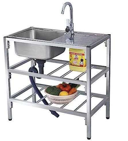 Einzelbecken-Einheit, freistehendes Spülbecken, freistehendes Gastronomie-Spülbecken mit Werkbank und Lagerregalen, mit Wasserhahn für Restaurant, Zimmer, Garage, Keller, Außen- und Innenbereich. (F