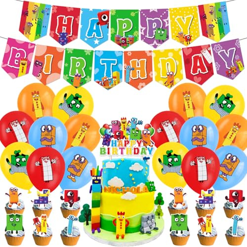 Set di decorazioni per feste di compleanno, 34 pezzi, decorazione per feste di compleanno per bambini, decorazione per torte, blocco felice, palloncini, decorazioni per torte