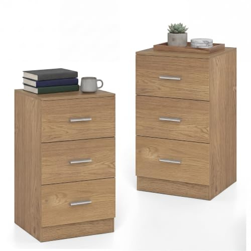 KOMFOTTEU Mesita de Noche con 3 Cajones, Mesilla Auxiliar de Madera, Mesa Moderna de Dormitorio, Mueble de Almacenamiento, Cómoda para Salón Oficina, 38 x 35 x 66 cm (Natural X 2)