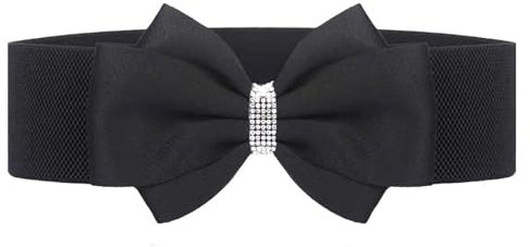 WENH Damen Elastischer Schleifengürtel Breiter Strass Stretchgürtel Damen Taillenaccessoires for Kleid Jeans(Black)