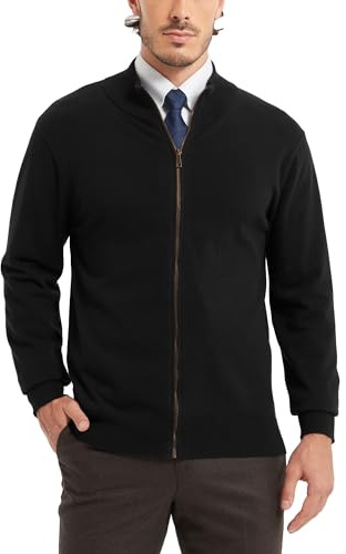 Kallspin Cardigan à fermeture éclair intégrale pour homme en pur coton à col montant cardigan classique léger, noir, Taille L