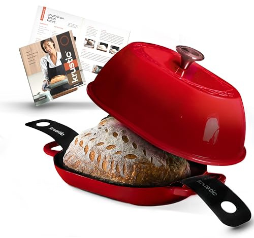 Krustisk emaljerad gjutjärn holländsk ugn för surdegsbröd bakning | 5,5 liter oval köksredskap kastrull med lock | trippelskikt emaljbeläggning och non-stick silikonmatta | röd