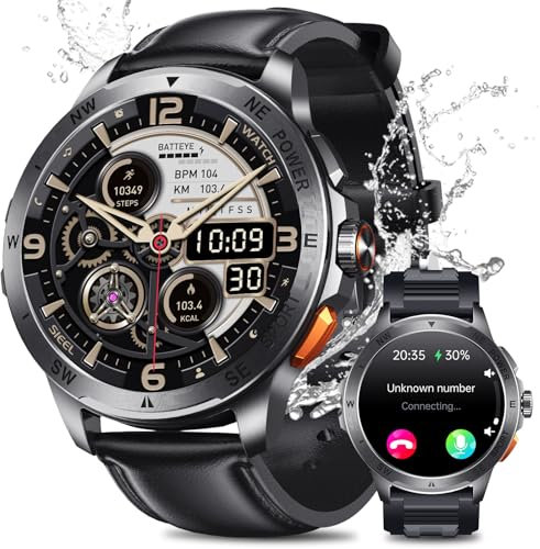 Smartwatch Herren, 1,43 AMOLED Display Fitnessuhr mit Bluetooth Telefonfunktion, 24/7 Herzfrequenzmessung, SpO2-Monitor, 100+ Sportmodi, IP68 wasserdicht, Schlafanalyse, kompatibel mit Android & iOS