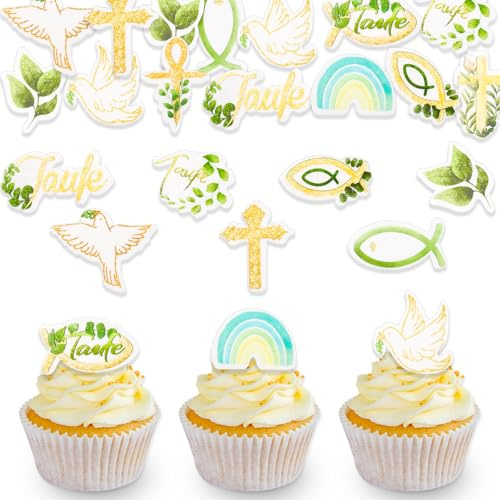 DazzJoy 48 Stück Essbare Tortendeko Taufe Deko,Essbare Cake Topper Taufe,Esspapier Taube Tortendeko,Essbar Deko Kommunion,Kreu Cupcake Topper Tauf Kuchen Deko Essbar,Fisch Muffin Deko Mädchen Junge