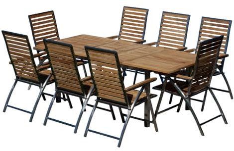 ALEOS. Gartengarnitur Edelstahl & A-Grade Teak - Ausziehtisch 160-220 x 90 cm + 8 Hochlehner klappbar - Sitzgruppe Premium Gartenmöbel Set wetterfest- Gartenmöbel Set 8 Personen Teak Holz