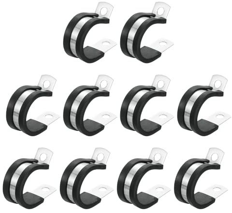 sourcing map 1(24mm) Cable Clamp, 304 Stainless Steel Rubber Cushioned Insulated Clamp R Shape Metal Clamp Tube Holder for Pipe Hose Wire Cord Installation 10Pcs