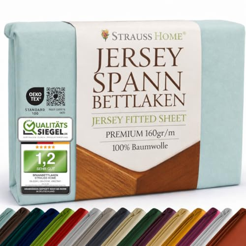 Strauss Home Premium Spannbettlaken Jersey 90x200-100x200 cm - 160 g/m² 100% gekämmte Baumwolle, 25 cm Steg, Oeko-TEX - für Einzelbett, Gästebett, Kinderbett - Minzblau