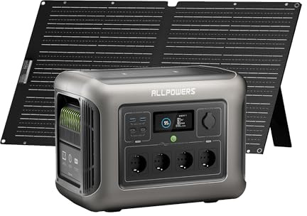 ALLPOWERS R1500 central eléctrica de 1152Wh con paneles solares SE100 100W | 4 tomas AC de 1800W, 2 tomas PD de 100W para carga rápida, apto para camping, RV, emergencia