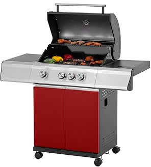 Tarrington House Barbecue a Gas Paxton, Acciaio/Acciaio Inox, 3 Bruciatori + Fornello, Tavolino Laterale, Termometro, per Bombole da 11kg, Rosso