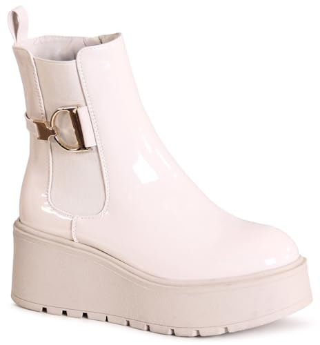 topschuhe24 3128 Damen XXL Plateau Stiefeletten Chelsea Boots, Farbe:Beige Lack, Größe:39 EU