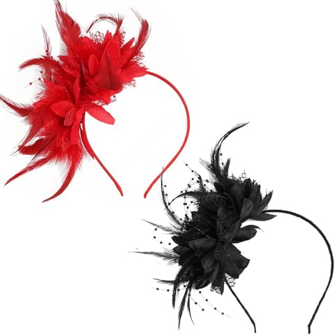 MUNSKT Feder Haarreif mit Künstlichen Blumen, 2 Stück Rote und Schwarze Feder Kopfschmuck, 1920er Fascinator Kopfschmuck für Damen, für Cocktail Hochzeit Abschlussball Maskerade Teeparty