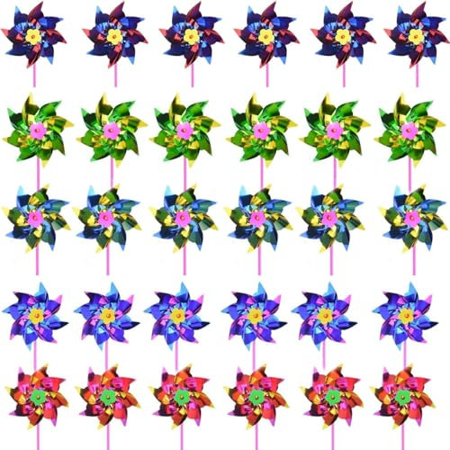 30 Pieces Foil Windmills for Children Multicolor, Rainbow Windmills for Garden Reflective Birds Deterrent to Keep Birds Away From Your House, Window, Garden, Farm