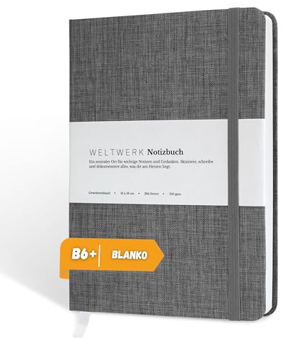 WELTWERK Anteckningsbok B6+ [Blank, skiffergrå] högkvalitativ anteckningsbok med 100 g/m² papper, tygomslag och gummiband – litet anteckningsblock med 264 sidor för bullet journaling, skisser och