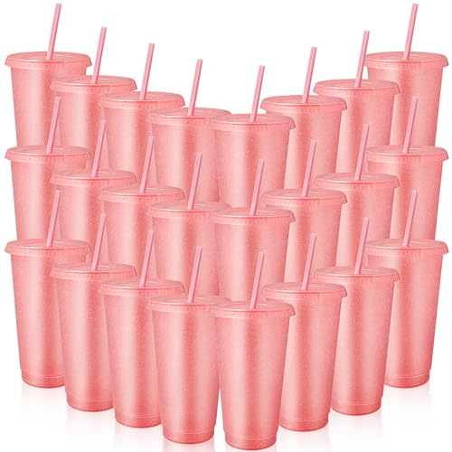 SWHCM 24 bicchieri in plastica con coperchi e cannucce, 710 ml, bicchieri da caffè glitterati, riutilizzabili, per frullati, succhi, feste di compleanno, accessori per feste (rosa)