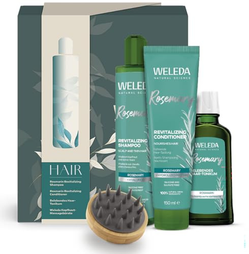 WELEDA Bio Haarpflege Geschenk Set - Naturkosmetik Geschenkbox Pflegeset bestehend aus Rosmarin Haartonikum, Shampoo, Conditioner & Kopfmassagebürste. Optimal zur täglichen Pflege von Haar & Kopfhaut