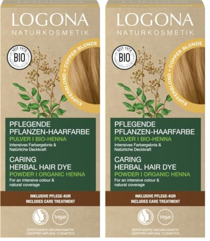 LOGONA Naturkosmetik Pflegende pflanzliche Haarfarbe, Veganes Haarfarbe-Pulver mit Bio-Henna für intensive Farbe und Glanz, Pflanzenhaarfarbe in Kupferblond (Blond), 1 x 100g (Packung mit 2)