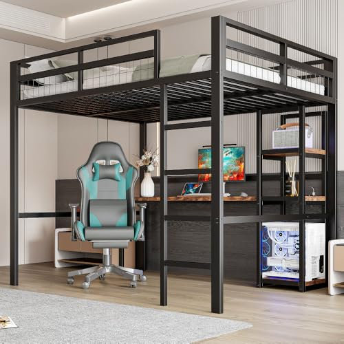 Seyakany Lit Mezzanine 140 x 200 cm avec USB Type-C, Cadre de lit en Fer, Plusieurs étagères, Bureau avec Prise de Courant, Rampe, escabeau, sans Matelas, Noir