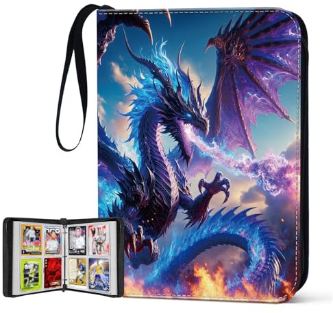 Trading Card Binder, 4 Pockets 400 Card Holder Collector Album with 50 Removable Sleeves, Portable Trading Collection Album for photocard kpop mtg/TCG Game Football Sports Cards, Fire Dragon
