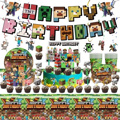 NlsqUK 73 Pcs Happy Birthday Party Decorations for Kids, Miner Gaming Party Tableware Decorations Including Banner Table Cloth Paper Plates Cups Napkins Cake Toppers, for Boys Girls Theme Party