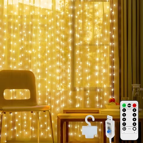 Luthando Lichtervorhang innen, 3x3M 300 LEDS USB Lichterkettenvorhang, Weihnachtsdeko mit Fernbedienung Timer, IP65 Wasserdicht LED Lichterkette für Weihnachten Fenster, Party, Schlafzimmer
