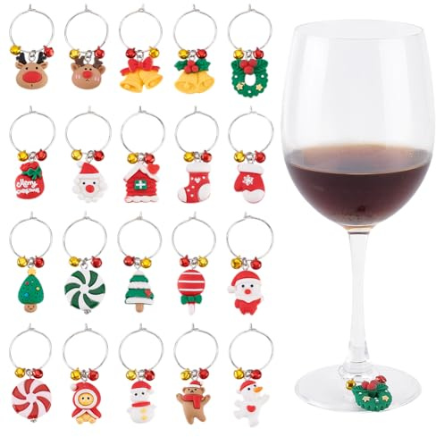 AHANDMAKER 20 Stück 20 Stile Weihnachts Weinglas Anhänger Wein Charm Ringe Glasmarker Identifikations Wein Charms Für Weihnachtsfeiertags Party Zubehör