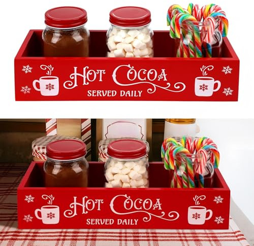 Vesici Christmas Hot Cocoa Bar Wood Station Organizer with 3 Glass Jars Chocolate Decorative Storage Box Bins Farmhouse Coffee Hot Cocoa Bar Supplies for Xmas Winter Holiday Gift Party Home Supplies