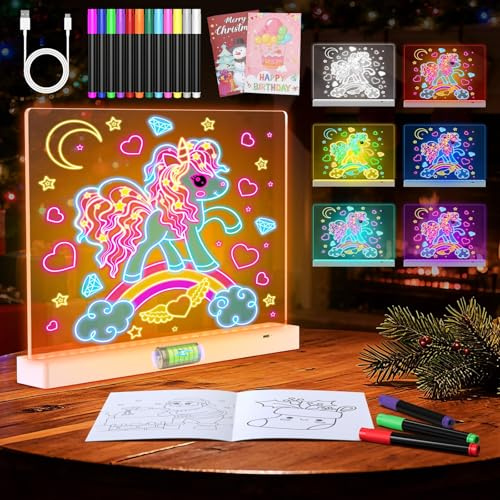 MoKo LED Zeichenbrett wiederaufladbar, 7 Farben & 3 Modi, 16,9'' Lumiboard für Kinder zum Trockenabwischen mit abnehmbarem Ständer, 12 Markern & 2 Malbüchern, Festivalgeschenke für Kinder