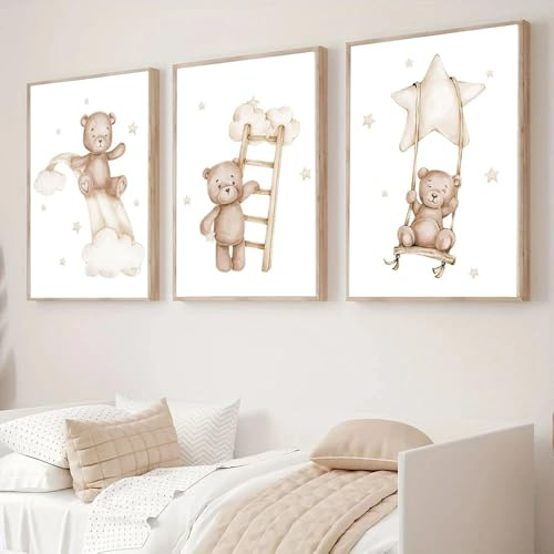 BeiYiHo 3 Bilder Bär Baby Poster Kinderzimmer Bären Bild Babyzimmer Junge Bilder Kinderzimmer Beige 30x40cm Kinder Leinwand Deko Geschenk ohne Rahmen