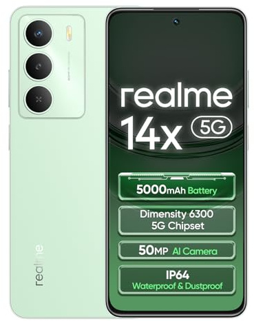 realme 14x 5G Smartphone 8+256GB, Verde Peridoto, Schermo 6.67 pollici, Refresco a 120Hz, Batteria 5000mAh, Fotocamera AI da 50MP, MediaTek Dimensity 6300, Protezione ArmorShell, IP64