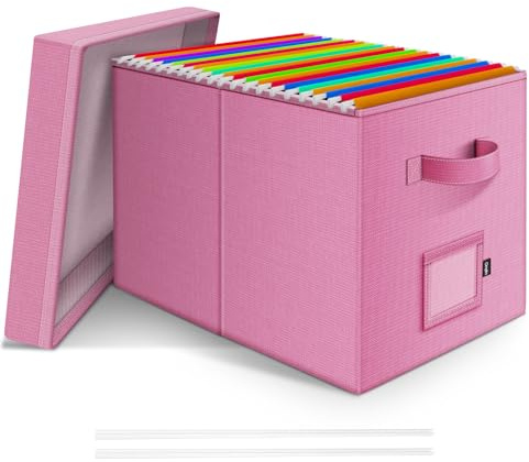 Onylin File Organizer Box with Lid, Linen Hanging File Storage Box with Handle, Collapsible Document Filling Box for Letter/Legal Folder, Portable File Box for Office/Decor/Home (1 Pack, Pink)
