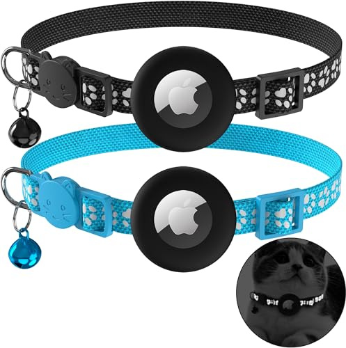Oumida 2 Stück Kompatibel mit Airtag Katzenhalsband mit Glock und Sicherheitsverschluss, Reflektierendes Katzenhalsband, Größenverstellbares Halsband, Apple AirTag Schutzhülle für Katzen Aller Größen