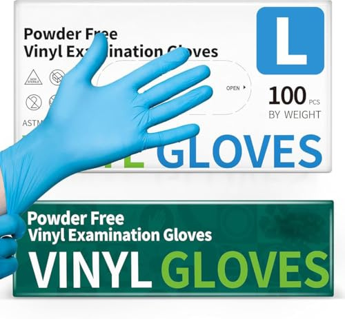 PROMART Blue Vinyl Disposable Gloves, Powder-Free, Latex-Free, Non-Sterile, Disposable Gloves, Ambidextrous, Comfortable Fit, Food Safe, Industrial & Home Use, Pack of 100, LARGE