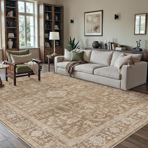 PureCozy 160x230cm Washable Rugs Living Room Brown Vintage Soft Area Rugs with Non-Slip Backing, Lightweight Low Pile Carpet for Bedroom Dining Room Home Office Indoor