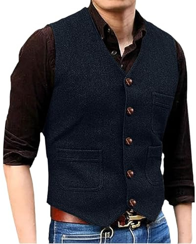 Kostymväst herr tweed kostymväst herr slim fit traditionell tröja bröllop fest herrväst elegant övergångsväst bomull arbetsväst ledig fritidsjacka ärmlös, marinblå, XXL