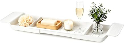 ARATERVIO Verstellbares Badewannen-Tablett 56–78 cm – Teleskop Badewannenablage mit Ablauföffnungen, erweiterbarer Badewannen-Organizer für Wein, Bücher, Tablets, Handy & Kerzen (Weiß)