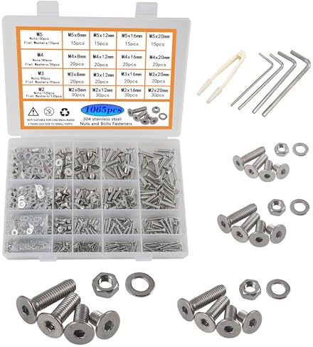 Rshuhx 1065pcs M2 M3 M4 M5 Nuts and Bolts Sets 304 Stainless Steel Flat Head Hex Socket Screws Assortment Kit Metric Bolts Nuts Washers Set With Storage Box for DIY Home Repair Car Furniture