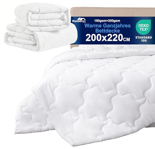 Waxberry 4 Jahreszeiten Bettdecke 200x220, 2 Teilig Set - Winterdecke 450gsm - Ganzjahresdecke 300gsm + Sommerdecke 150gsm, Weiche Steppdecke Waschbar Anti-Allergisch, Weiß